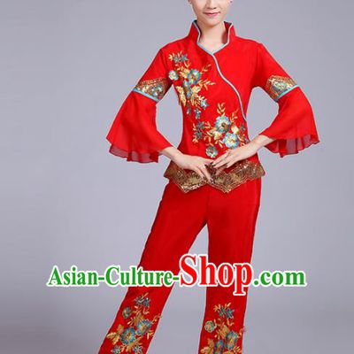 Traditional Chinese Classical Yanko Dance Embroidered Peony Red Costume, Folk Yangge Dance Uniform Drum Dance Clothing for Women
