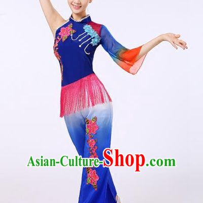 Traditional Chinese Classical Yanko Dance Embroidered Peony Blue Costume, Folk Yangge Dance Uniform Drum Dance Clothing for Women