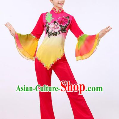 Traditional Chinese Classical Yanko Dance Embroidered Peony Rosy Costume, Folk Yangge Dance Uniform Drum Dance Clothing for Women