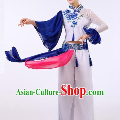 Traditional Chinese Classical Yanko Dance Embroidered Peony Costume, Folk Yangge Fan Dance Uniform Lotus Dance Clothing for Women
