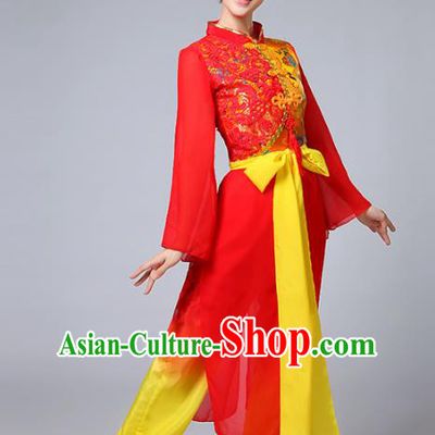 Traditional Chinese Classical Yanko Dance Red Costume, Folk Yangge Fan Dance Uniform Lotus Dance Clothing for Women