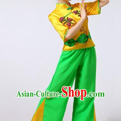 Traditional Chinese Classical Yanko Dance Short Sleeve Costume, Folk Yangge Fan Dance Uniform Waist Drum Dance Clothing for Women