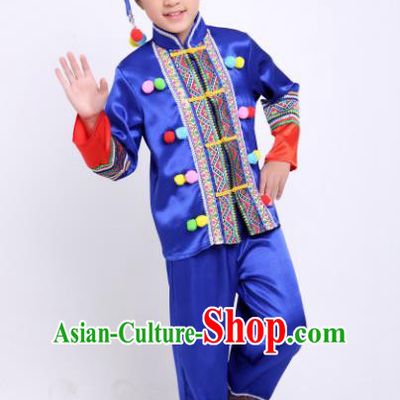 Traditional Chinese Miao Nationality Dance Costume, China Miao Minority Embroidery Blue Clothing for Kids