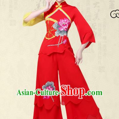 Traditional Chinese Classical Yanko Dance Printing Lotus Costume, Folk Yangge Fan Dance Red Uniform Waist Drum Dance Clothing for Women