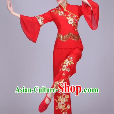 Traditional Chinese Yangge Dance Embroidered Red Costume, Folk Fan Dance Uniform Classical Drum Dance Clothing for Women