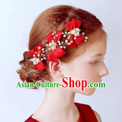 Handmade Children Hair Accessories Red Bowknot Hair Stick, Princess Halloween Model Show Headwear Hair Clasp for Kids
