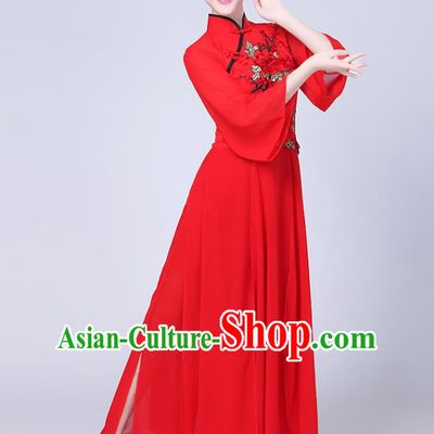 Traditional Chinese Classical Yanko Dance Embroidered Costume, Folk Fan Dance Red Uniform Umbrella Dance Dress for Women