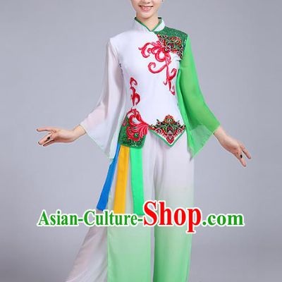 Traditional Chinese Classical Yanko Dance Embroidered Green Costume, Folk Yangge Dance Uniform Drum Dance Clothing for Women