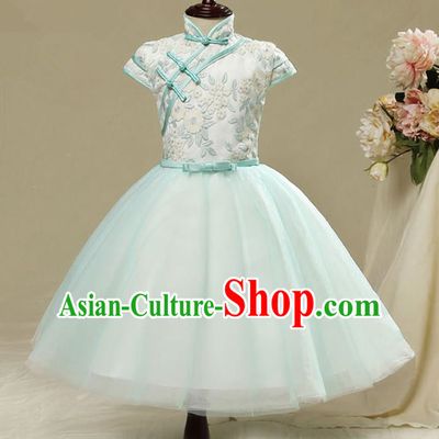 Children Modern Dance Flower Fairy Costume, Chorus Group Clothing Princess Cheongsam Green Bubble Veil Short Dress for Girls