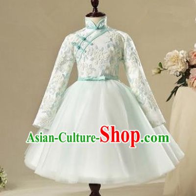 Children Modern Dance Flower Fairy Costume, Chorus Group Clothing Princess Cheongsam Green Bubble Veil Dress for Girls