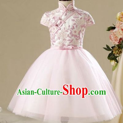 Children Modern Dance Flower Fairy Costume Pink Cheongsam, Performance Model Show Clothing Princess Bubble Dress for Girls