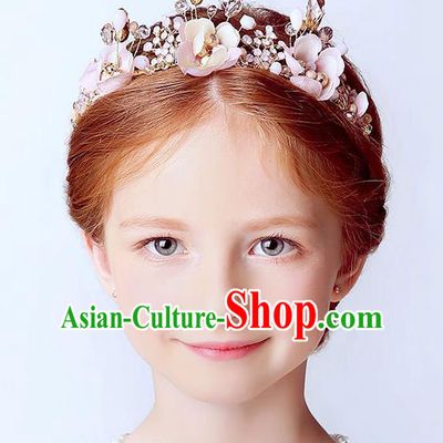 Handmade Children Hair Accessories Royal Crown, Princess Headwear Model Show Pink Flowers Hair Clasp for Kids