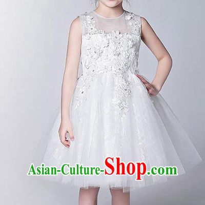 Children Modern Dance Flower Fairy Costume White Bubble Dress, Performance Model Show Clothing Princess Veil Dress for Girls