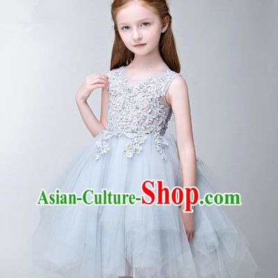 Children Modern Dance Flower Fairy Costume Blue Bubble Dress, Performance Model Show Clothing Princess Veil Dress for Girls