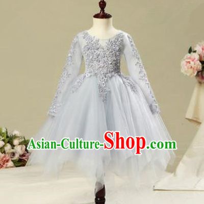 Children Modern Dance Flower Fairy Costume Grey Bubble Dress, Performance Model Show Clothing Princess Veil Dress for Girls