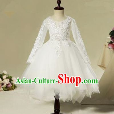 Children Modern Dance Flower Fairy Costume White Bubble Dress, Performance Model Show Clothing Princess Veil Dress for Girls