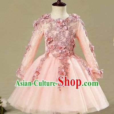 Children Modern Dance Flower Fairy Costume Pink Bubble Dress, Performance Model Show Clothing Princess Veil Short Full Dress for Girls