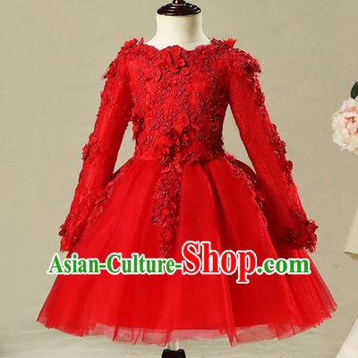 Children Modern Dance Flower Fairy Costume Red Bubble Dress, Performance Model Show Clothing Princess Veil Short Full Dress for Girls