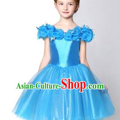 Children Modern Dance Flower Fairy Costume Blue Short Bubble Dress, Performance Model Show Clothing Princess Veil Full Dress for Girls