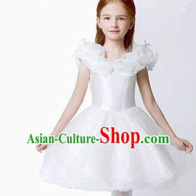 Children Modern Dance Flower Fairy Costume White Short Bubble Dress, Performance Model Show Clothing Princess Veil Full Dress for Girls