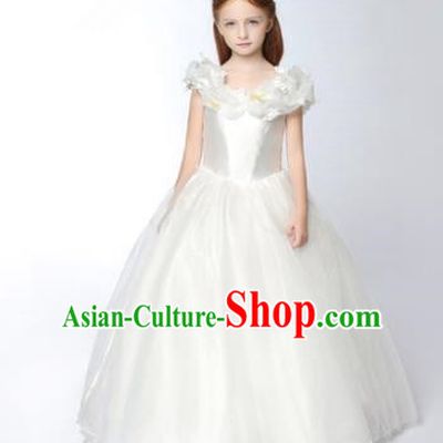 Children Modern Dance Flower Fairy Costume White Long Bubble Dress, Performance Model Show Clothing Princess Veil Full Dress for Girls