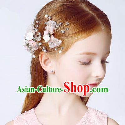 Handmade Children Hair Accessories Crystal Hair Stick, Princess Model Show Headwear Pink Bowknot Hair Clasp for Kids