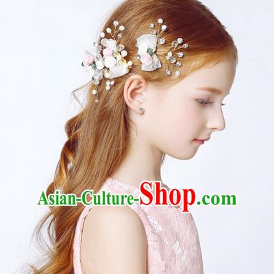 Handmade Children Hair Accessories Crystal Hair Stick, Princess Model Show Headwear White Bowknot Hair Clasp for Kids