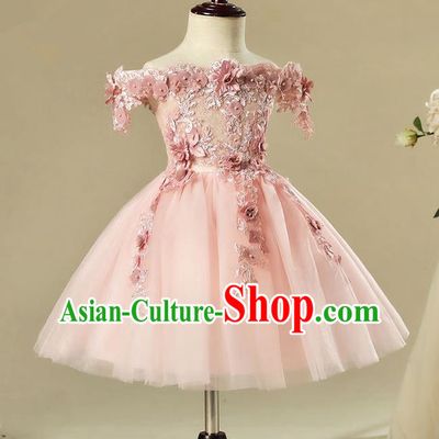 Children Modern Dance Costume Pink Off Shoulder Dress, Ceremonial Occasions Model Show Princess Veil Full Dress for Girls