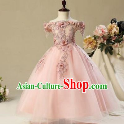 Children Modern Dance Costume Pink Off Shoulder Long Dress, Ceremonial Occasions Model Show Princess Veil Full Dress for Girls
