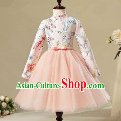 Children Modern Dance Costume Pink Long Sleeve Cheongsam, Ceremonial Occasions Model Show Princess Veil Full Dress for Girls