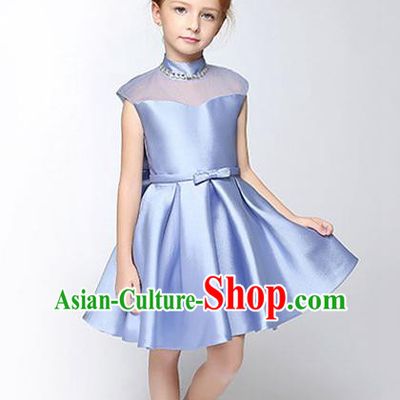 Children Modern Dance Flower Fairy Costume Blue Dress, Performance Model Show Clothing Princess Short Full Dress for Girls