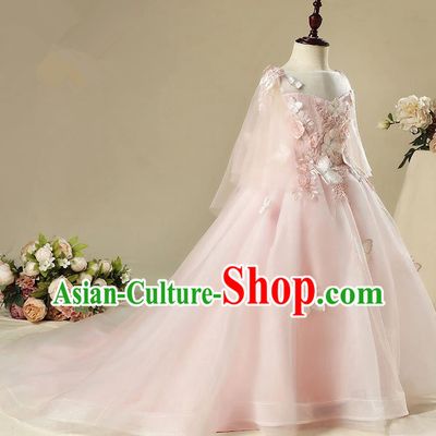 Children Modern Dance Costume Pink Trailing Dress, Ceremonial Occasions Model Show Princess Veil Full Dress for Girls