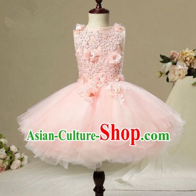 Children Modern Dance Costume Pink Short Bubble Dress, Ceremonial Occasions Model Show Princess Veil Full Dress for Girls