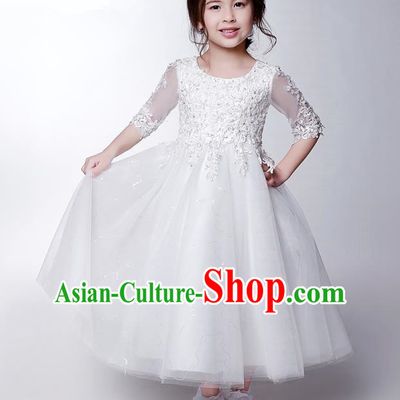 Children Modern Dance Costume White Beading Embroidery Dress, Ceremonial Occasions Model Show Princess Veil Long Full Dress for Girls