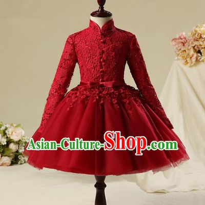 Children Modern Dance Costume Red Embroidery Bubble Dress, Ceremonial Occasions Model Show Princess Veil Full Dress for Girls