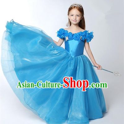 Children Modern Dance Flower Fairy Costume Blue Bubble Dress, Performance Model Show Clothing Princess Veil Full Dress for Girls