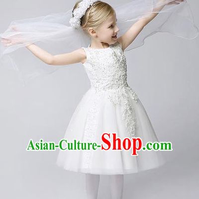 Children Modern Dance Costume White Embroidery Bubble Dress, Ceremonial Occasions Model Show Princess Veil Full Dress for Girls