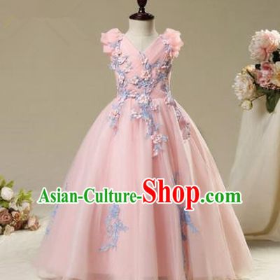 Children Modern Dance Costume Embroidery Pink Dress, Ceremonial Occasions Model Show Princess Veil Full Dress for Girls