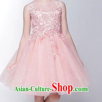 Children Modern Dance Costume Embroidery Christmas Pink Veil Bubble Dress, Ceremonial Occasions Performance Princess Short Full Dress for Girls