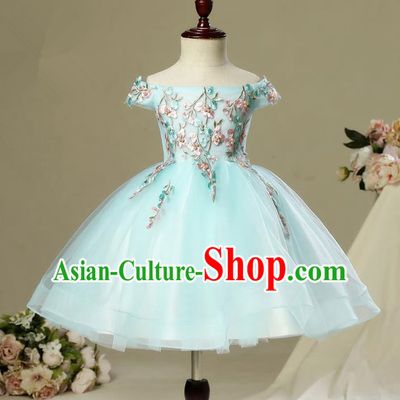 Children Modern Dance Costume Embroidery Christmas Green Veil Bubble Dress, Ceremonial Occasions Performance Princess Short Full Dress for Girls