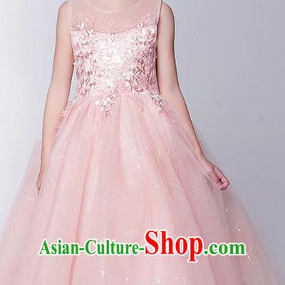 Children Modern Dance Costume Embroidery Christmas Pink Bubble Dress, Ceremonial Occasions Performance Princess Long Full Dress for Girls