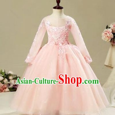 Children Modern Dance Costume Embroidery Christmas Pink Bubble Dress, Ceremonial Occasions Performance Princess Long Sleeve Full Dress for Girls