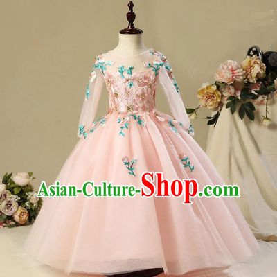 Children Model Show Dance Costume Embroidery Christmas Pink Long Sleeve Dress, Ceremonial Occasions Catwalks Princess Full Dress for Girls