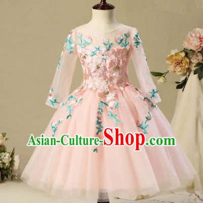 Children Model Show Dance Costume Embroidery Christmas Pink Long Sleeve Dress, Ceremonial Occasions Catwalks Princess Short Full Dress for Girls