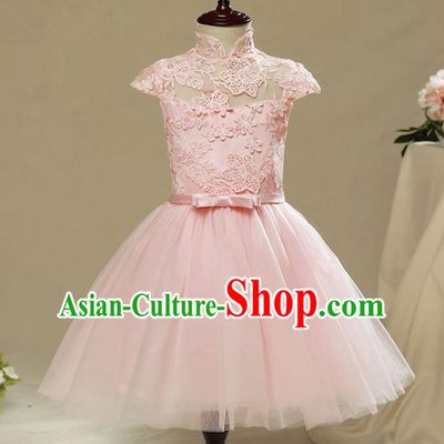 Children Model Show Dance Costume Pink Veil Lace Bubble Dress, Ceremonial Occasions Catwalks Princess Short Full Dress for Girls