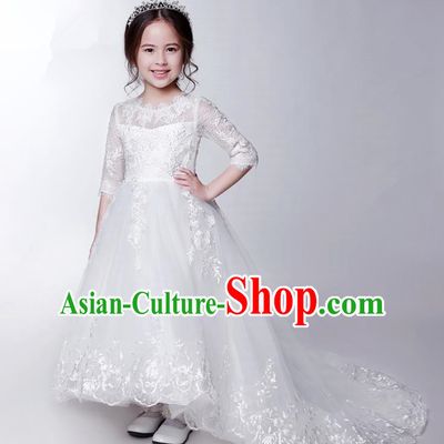 Children Model Show Dance Costume White Veil Trailing Dress, Ceremonial Occasions Catwalks Princess Full Dress for Girls