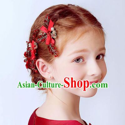 Handmade Children Hair Accessories Red Bowknot Hair Stick, Princess Halloween Model Show Headwear Hair Clasp for Kids