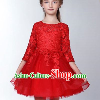 Children Model Show Dance Costume Embroidered Red Lace Dress, Ceremonial Occasions Catwalks Princess Full Dress for Girls