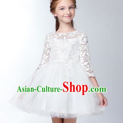 Children Model Show Dance Costume Embroidered White Lace Dress, Ceremonial Occasions Catwalks Princess Full Dress for Girls