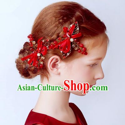 Handmade Children Hair Accessories Red Bowknot Pearls Hair Stick, Princess Halloween Model Show Headwear for Kids